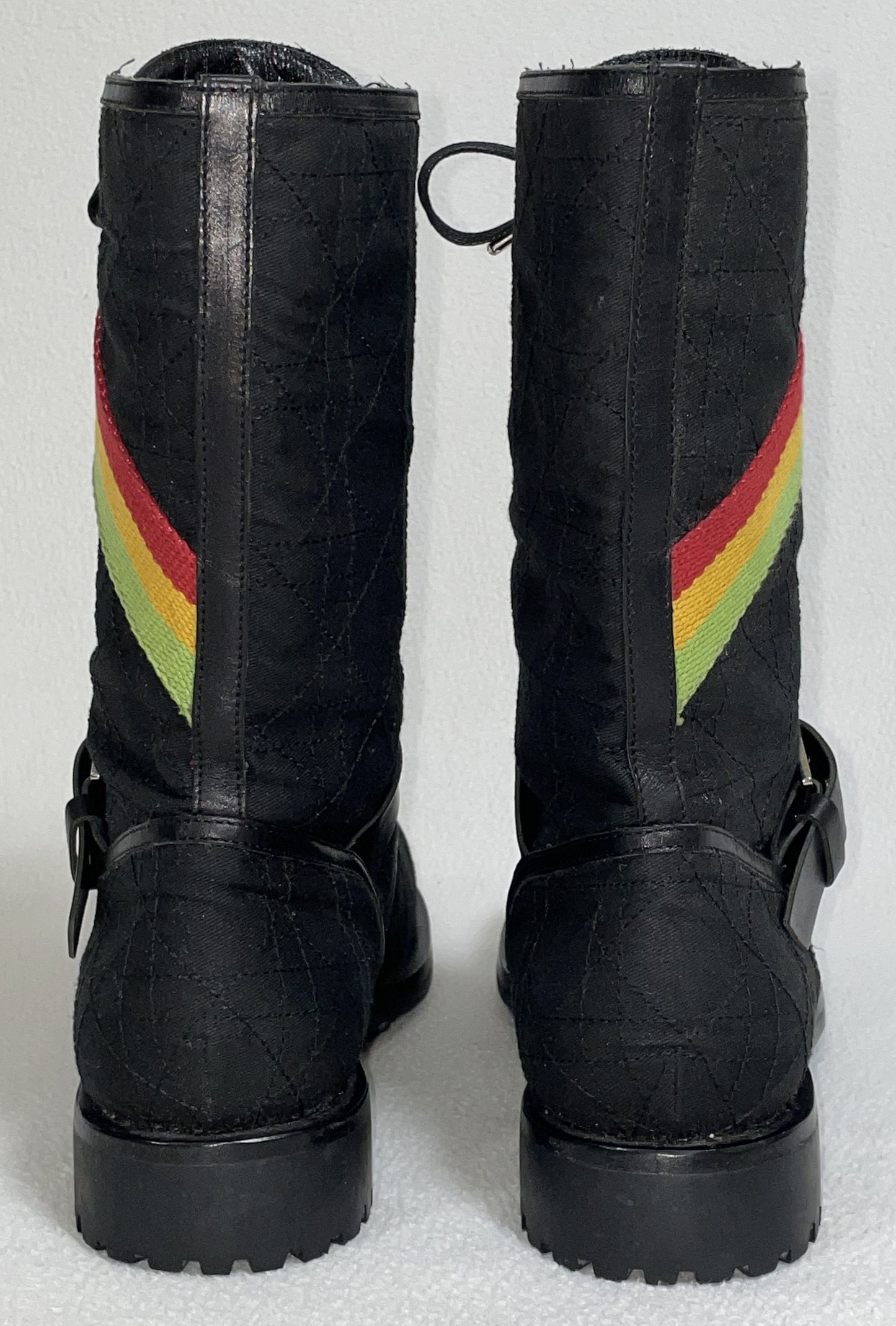 2004 Christian Dior by John Galliano Rasta Black Combat Boots Dog Tag Buckles