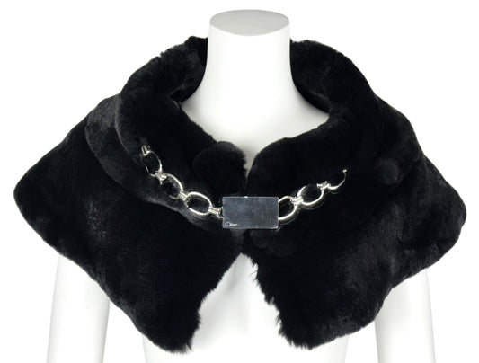 C. 2004 Christian Dior by John Galliano Black Fur Chunky Chain Shawl Wrap Mini Skirt