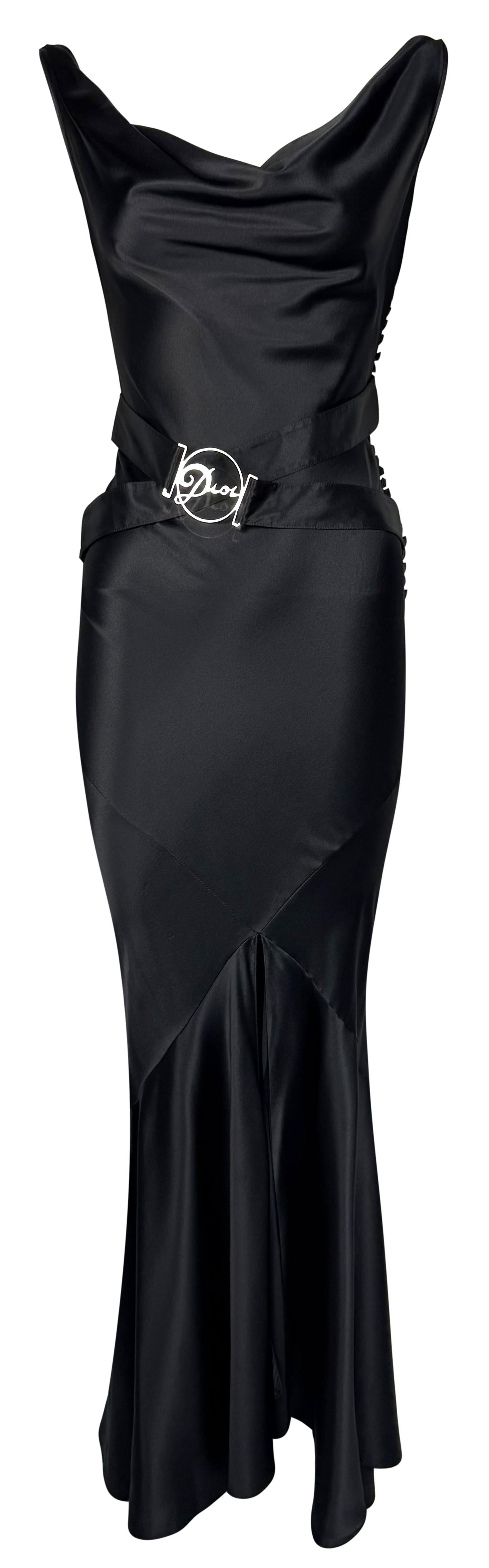 F/W 2004 Christian Dior x John Galliano Black Satin Wide Neck Off Shoulder Silver Logo Belt Buckle Mermaid Maxi Dress