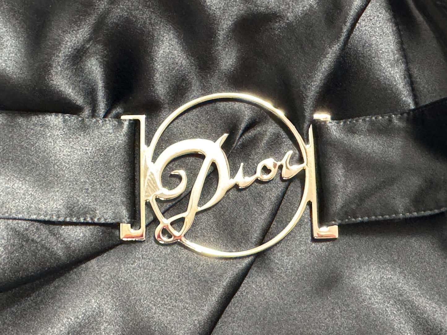 F/W 2004 Christian Dior x John Galliano Black Satin Wide Neck Off Shoulder Silver Logo Belt Buckle Mermaid Maxi Dress