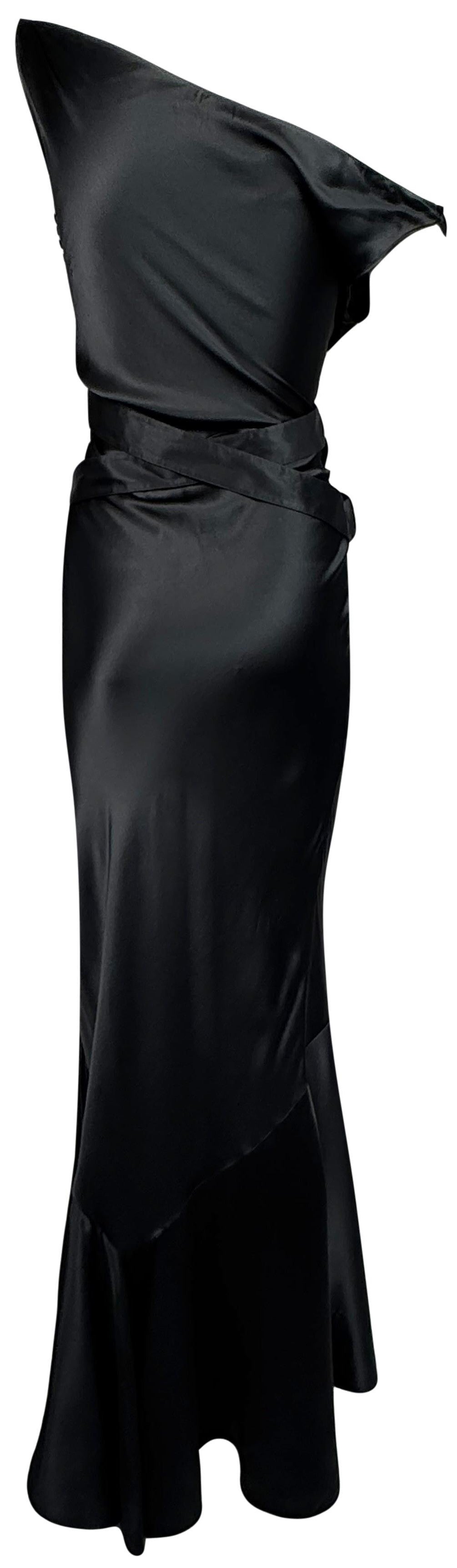 F/W 2004 Christian Dior x John Galliano Black Satin Wide Neck Off Shoulder Silver Logo Belt Buckle Mermaid Maxi Dress