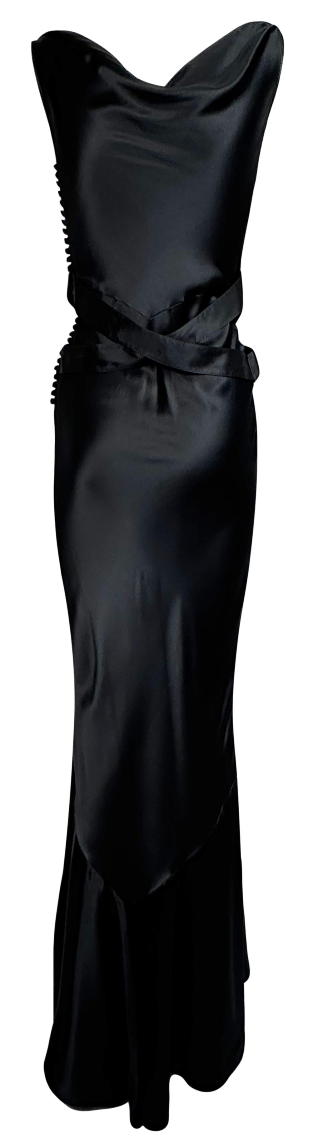 F/W 2004 Christian Dior x John Galliano Black Satin Wide Neck Off Shoulder Silver Logo Belt Buckle Mermaid Maxi Dress