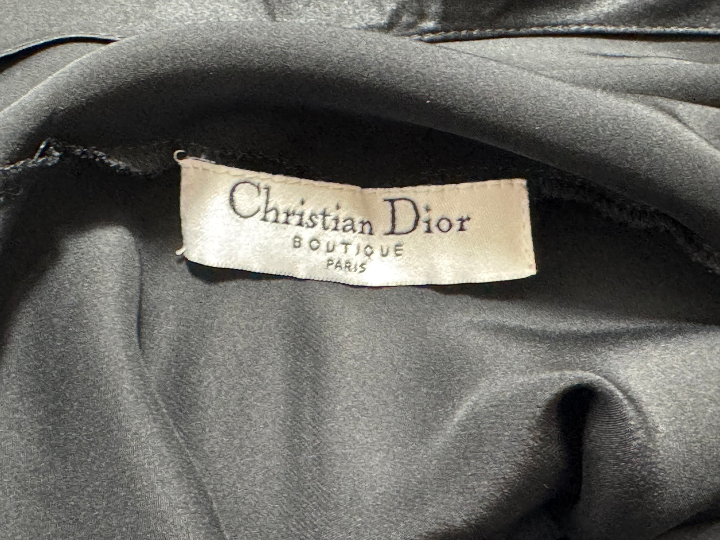 F/W 2004 Christian Dior x John Galliano Black Satin Wide Neck Off Shoulder Silver Logo Belt Buckle Mermaid Maxi Dress