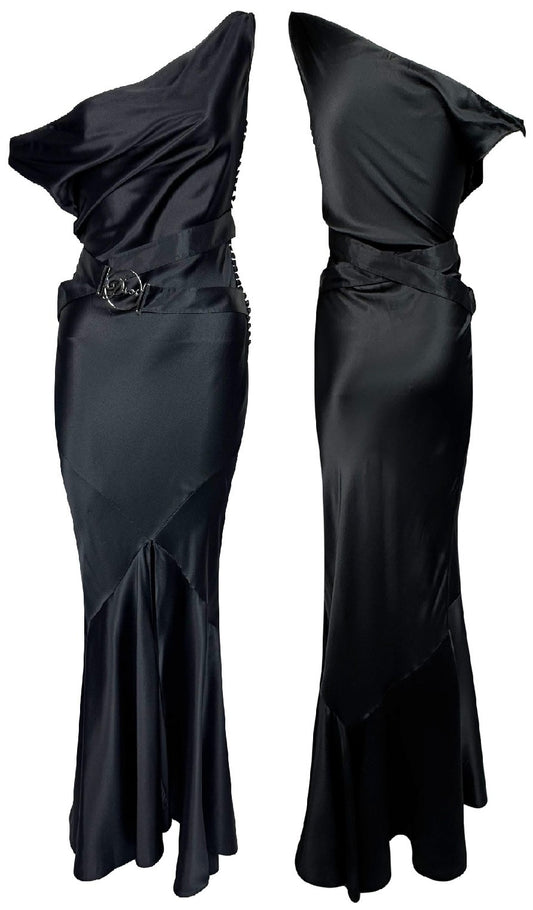 F/W 2004 Christian Dior x John Galliano Black Satin Wide Neck Off Shoulder Silver Logo Belt Buckle Mermaid Maxi Dress