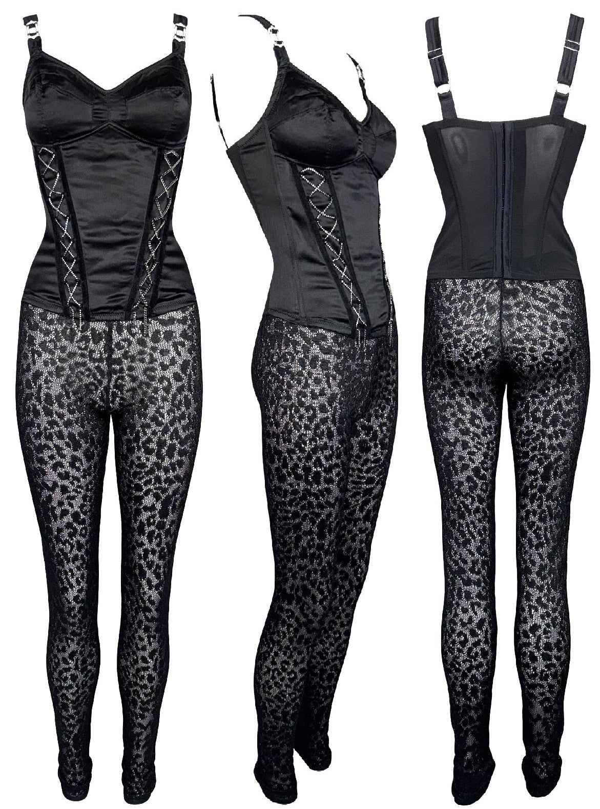 F/W 2004 Christian Dior x John Galliano Crystal Corset Buckle Top & Sheer Black Leopard Leggings Set