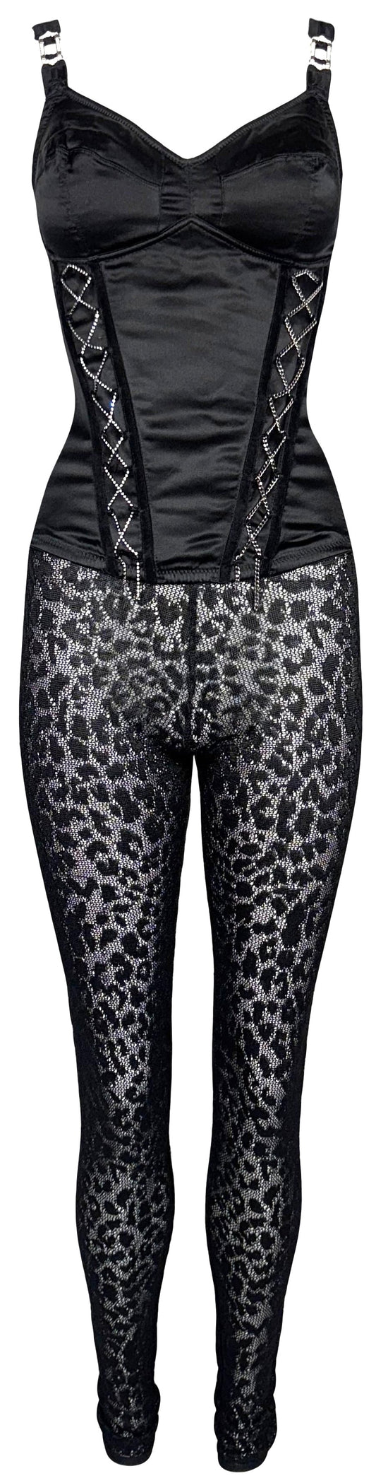 F/W 2004 Christian Dior x John Galliano Crystal Corset Buckle Top & Sheer Black Leopard Leggings Set