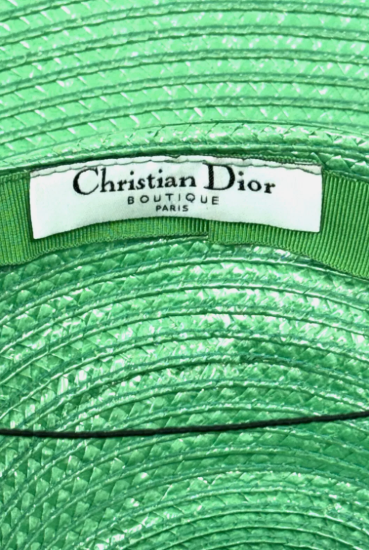 F/W 2004 Christian Dior by John Galliano 1950's Style Wide Green Straw Hat w Logo Buckle Bow