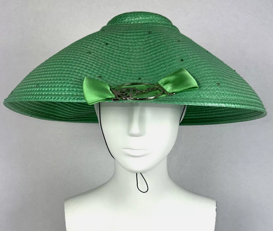 F/W 2004 Christian Dior by John Galliano 1950's Style Wide Green Straw Hat w Logo Buckle Bow