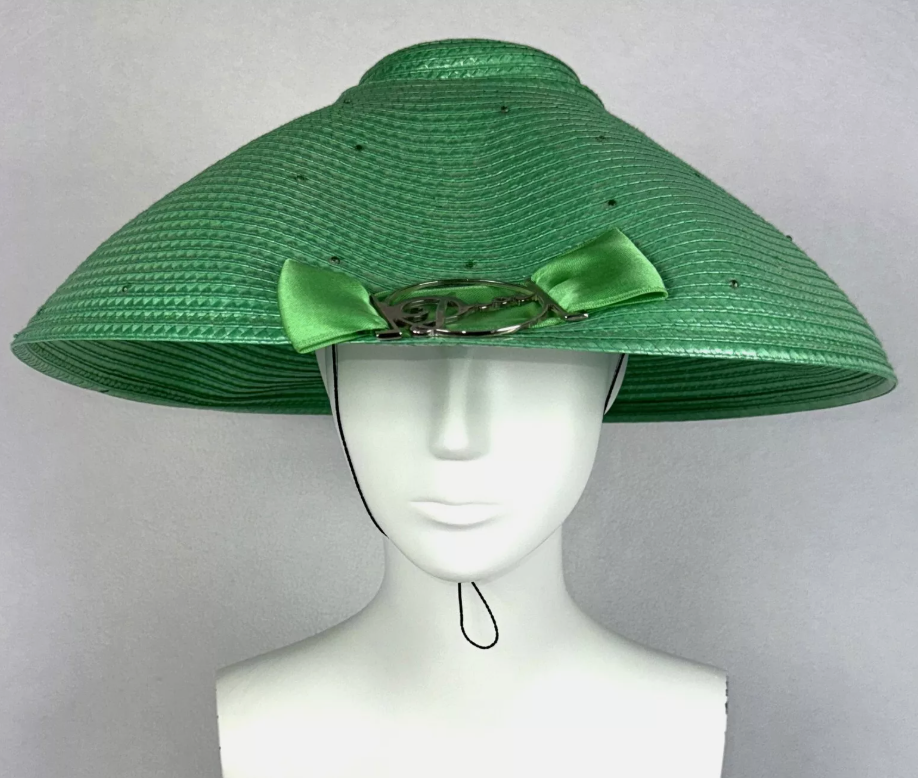F/W 2004 Christian Dior by John Galliano 1950's Style Wide Green Straw Hat w Logo Buckle Bow