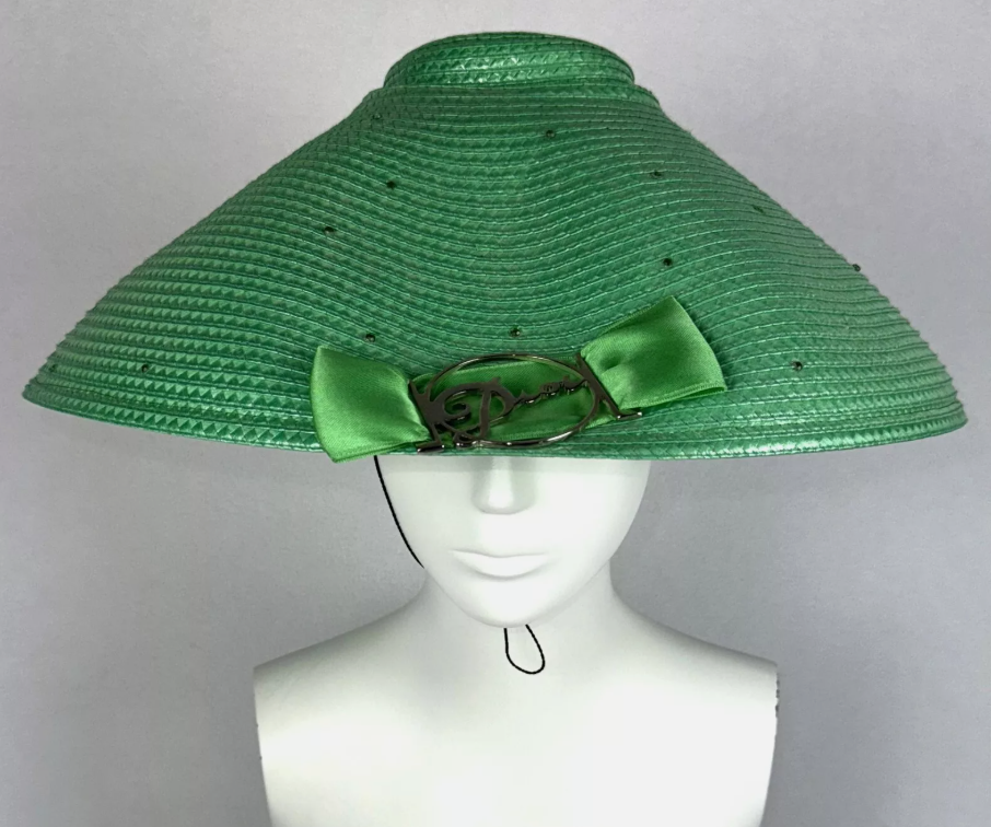 F/W 2004 Christian Dior by John Galliano 1950's Style Wide Green Straw Hat w Logo Buckle Bow