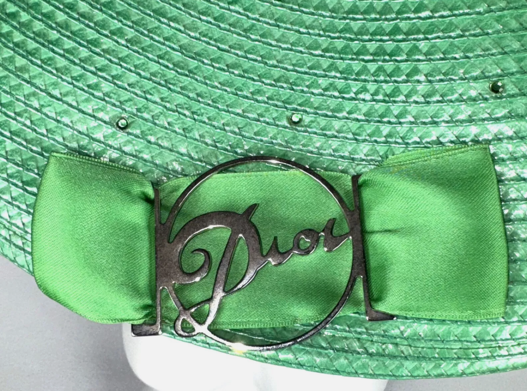 F/W 2004 Christian Dior by John Galliano 1950's Style Wide Green Straw Hat w Logo Buckle Bow