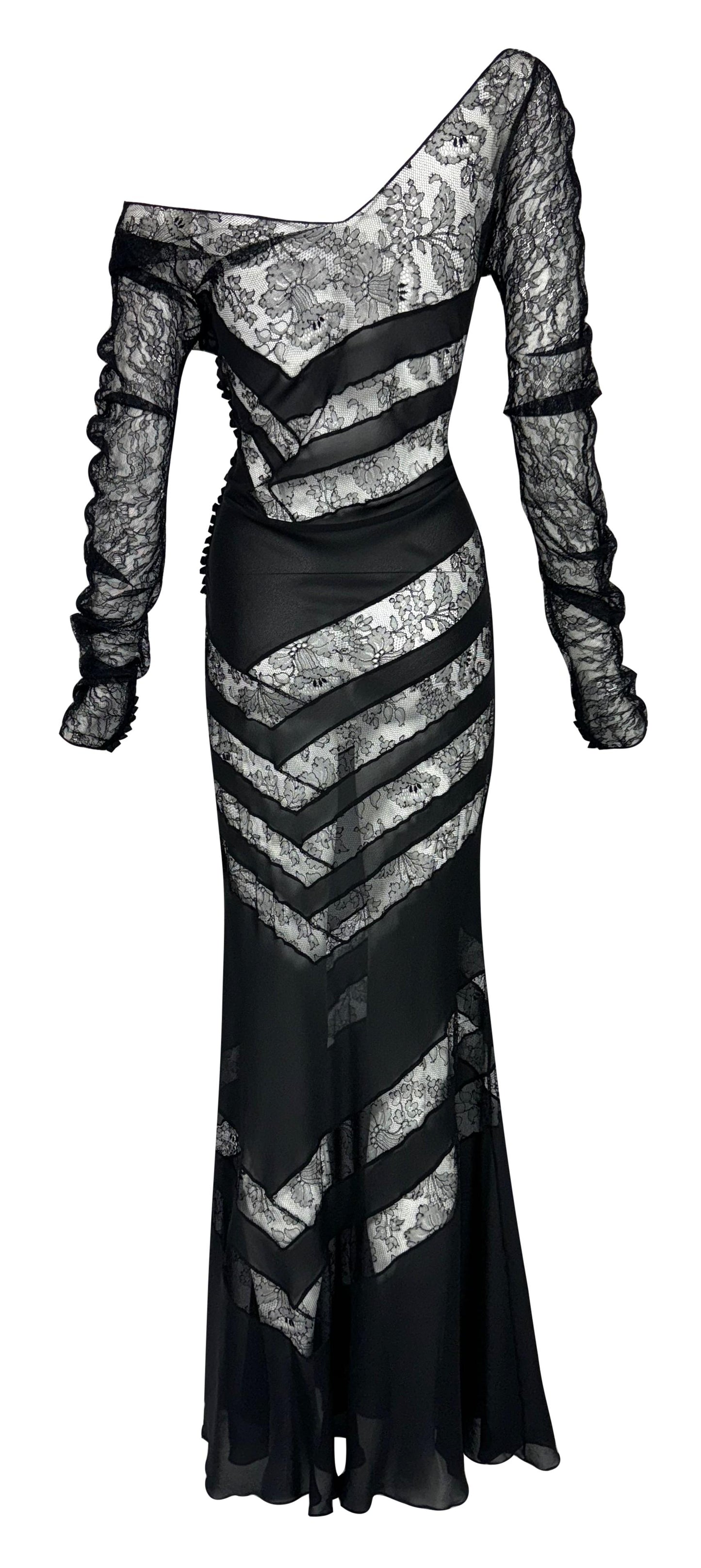 F/W 2004 Christian Dior by John Galliano Sheer Black Silk & Lace L/S Mermaid Gown Dress