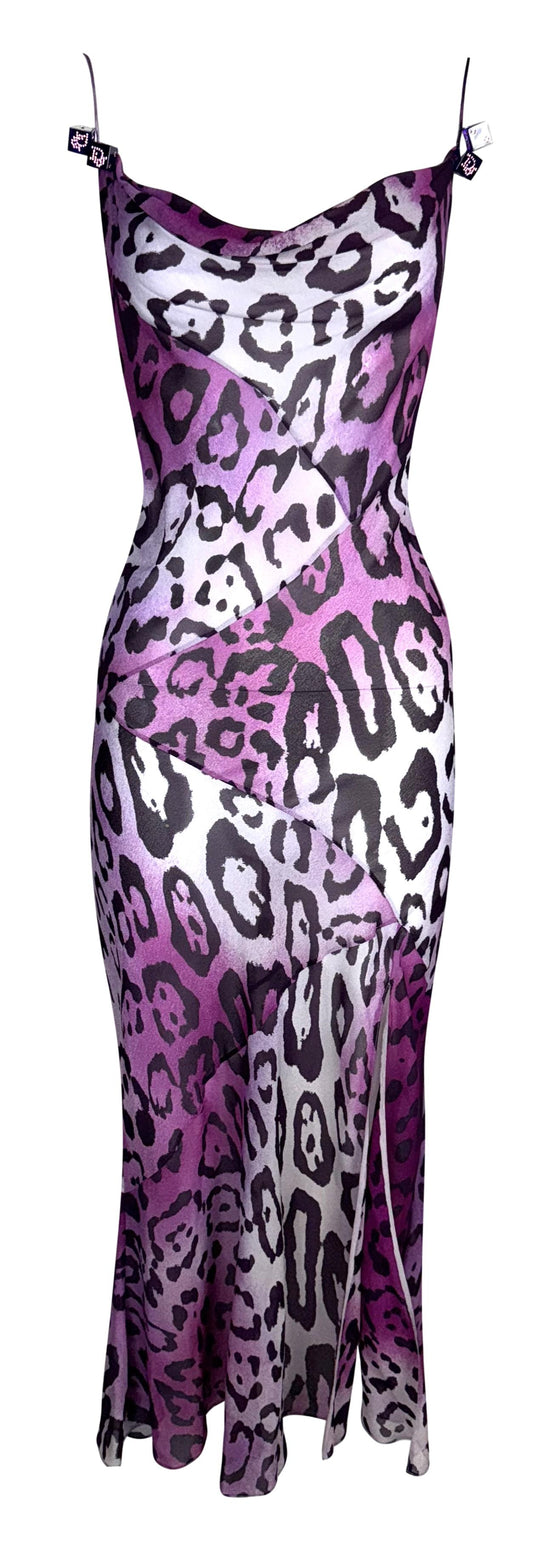 F/W 2004 Christian Dior by John Galliano Gambler Sheer Purple Leopard Silk Maxi Dress w Dice Accents