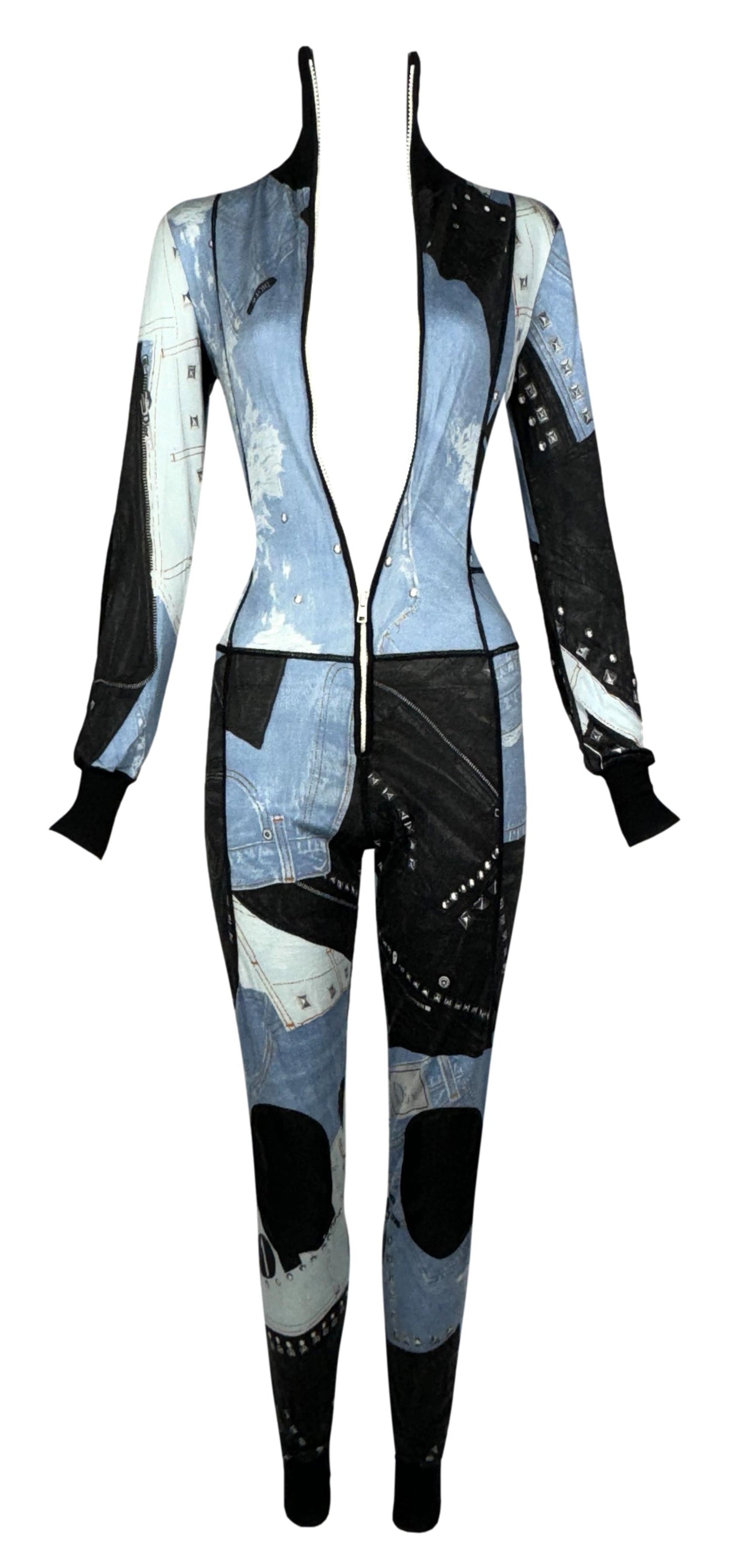 F/W 2004 Christian Dior by John Galliano Trompe L'oeil Plunging Zip-Up Soft & Stretchy Jumpsuit Romper
