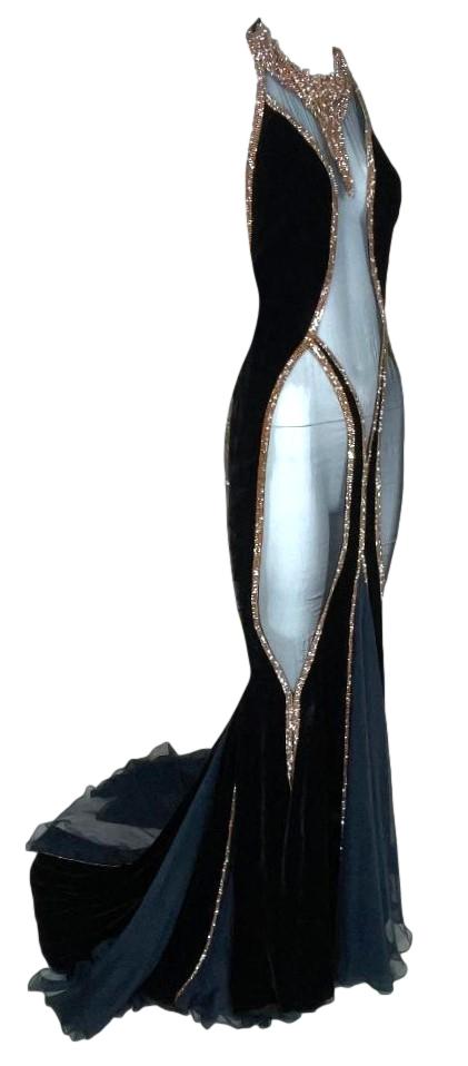 F/W 2004 Dolce & Gabbana Runway 20's Vixen Sheer Black Silk & Velvet Crystal Gown Dress w Train