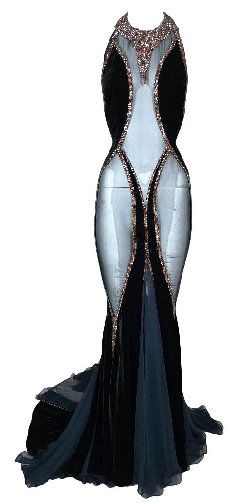 F/W 2004 Dolce & Gabbana Runway 20's Vixen Sheer Black Silk & Velvet Crystal Gown Dress w Train