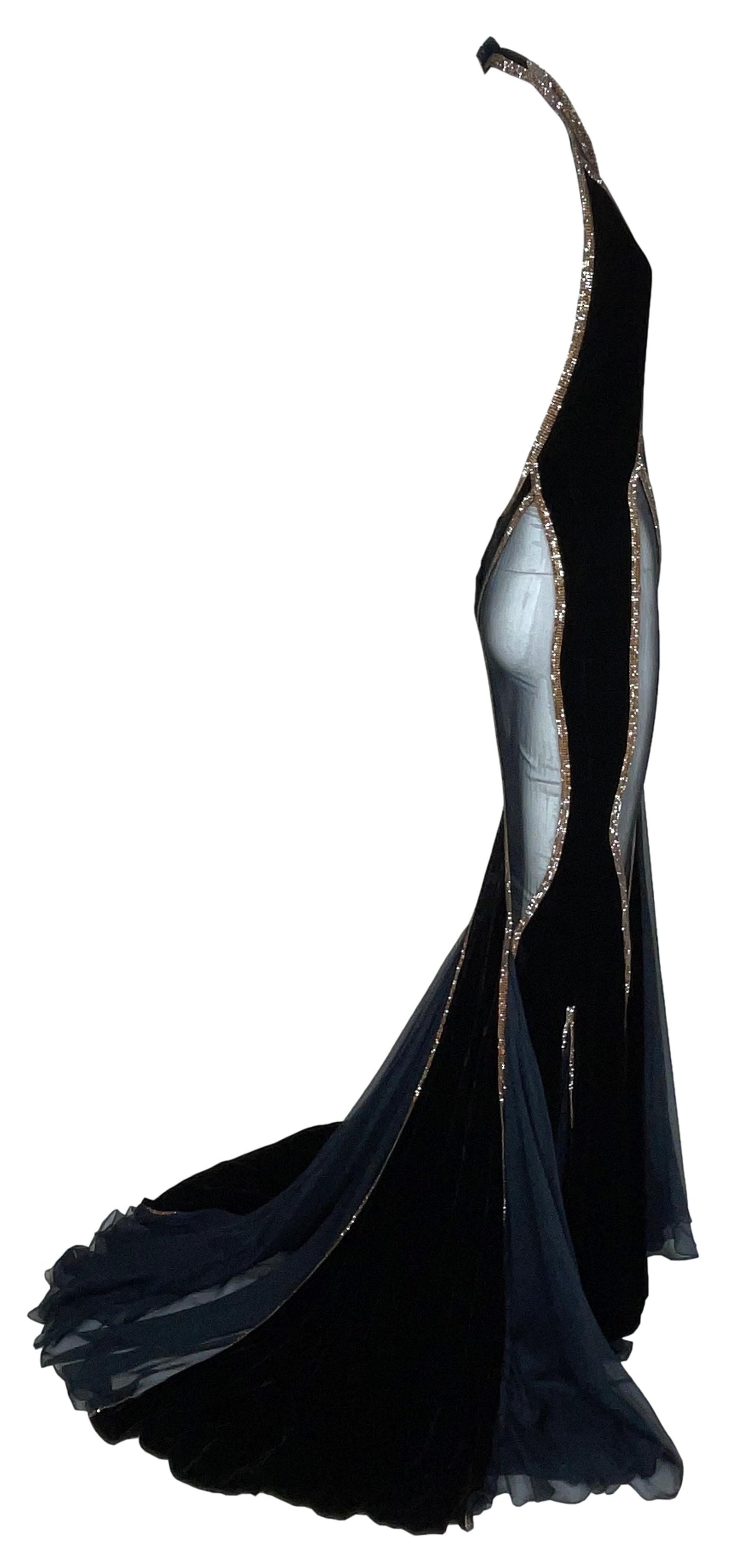 F/W 2004 Dolce & Gabbana Runway 20's Vixen Sheer Black Silk & Velvet Crystal Gown Dress w Train