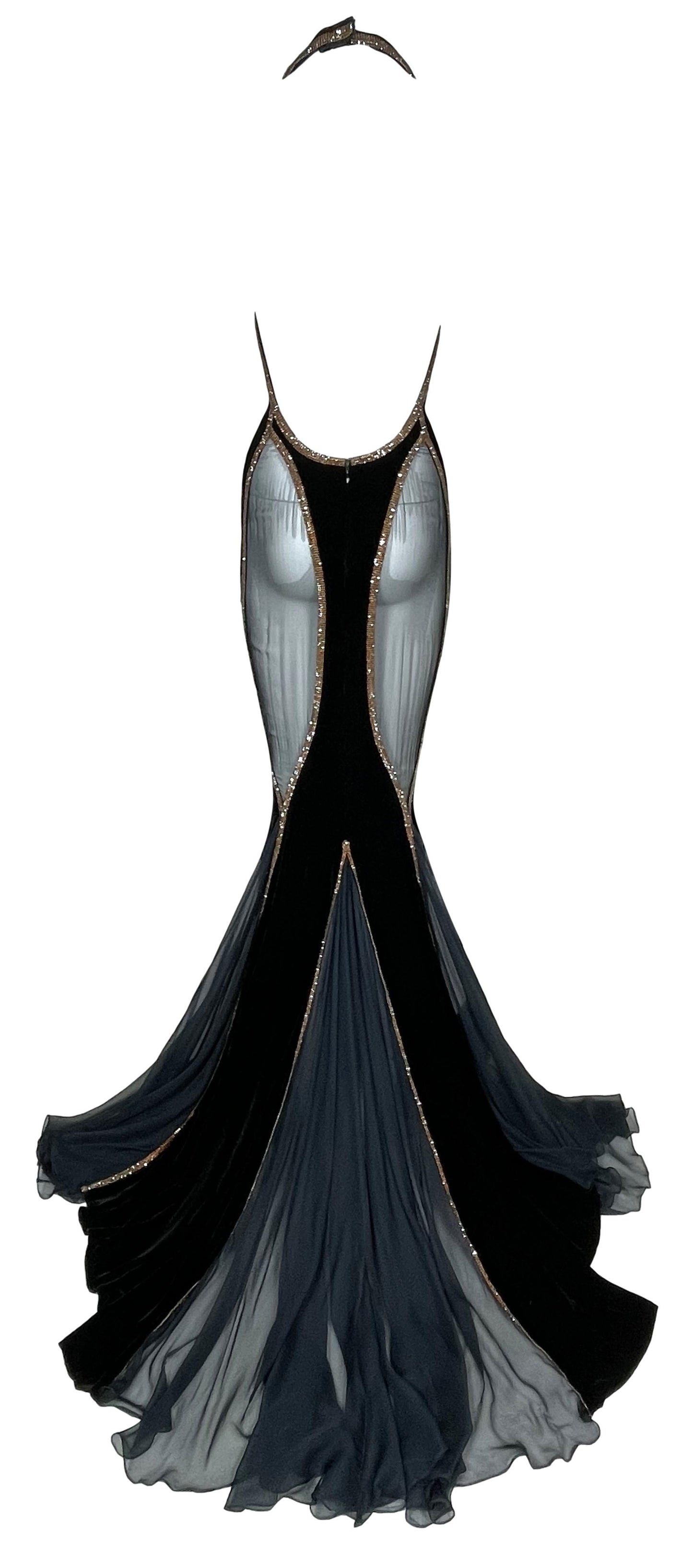 F/W 2004 Dolce & Gabbana Runway 20's Vixen Sheer Black Silk & Velvet Crystal Gown Dress w Train
