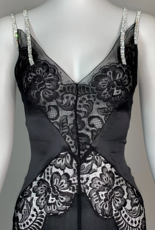 F/W 2004 Dolce & Gabbana Sheer Black Lace & Silk Crystal Straps Mermaid Gown Dress