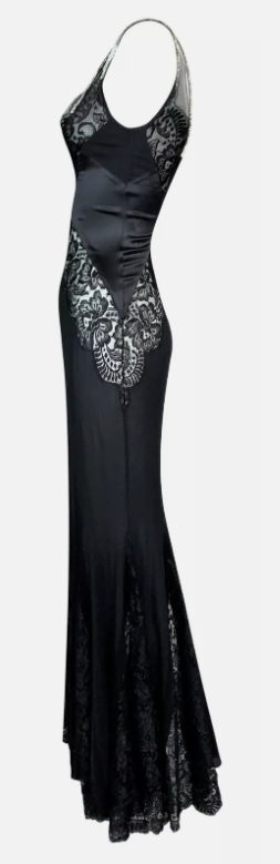 F/W 2004 Dolce & Gabbana Sheer Black Lace & Silk Crystal Straps Mermaid Gown Dress