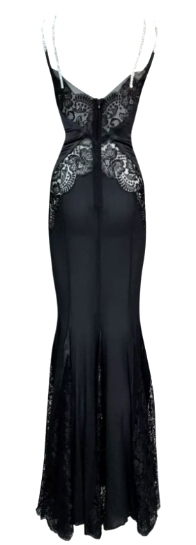 F/W 2004 Dolce & Gabbana Sheer Black Lace & Silk Crystal Straps Mermaid Gown Dress
