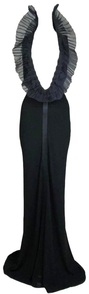 F/W 2004 Gianfranco Ferre Plunging Black Elvira Goth Queen High Collar Gown Dress