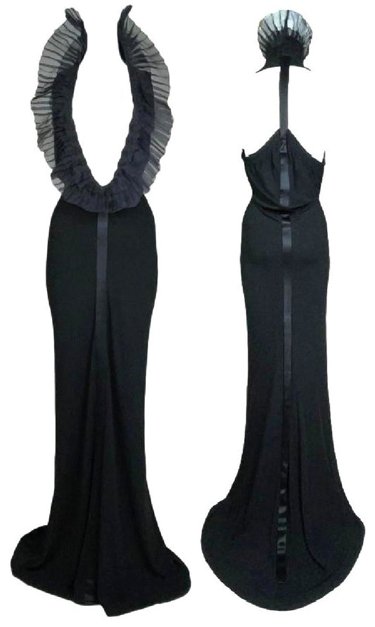 F/W 2004 Gianfranco Ferre Plunging Black Elvira Goth Queen High Collar Gown Dress
