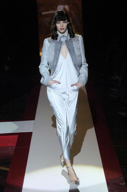 F/W 2004 Gianfranco Ferre Runway Silver Blue Plunging Ruched Wiggle Maxi Dress