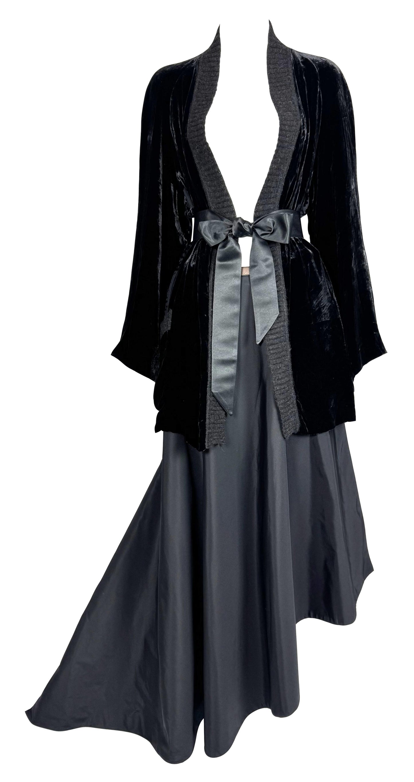F/W 2004 Hermes by Jean Paul Gaultier Runway Sheer Black Logo Velvet Kimono Jacket & Cut-Out Mini & Long Skirt Set