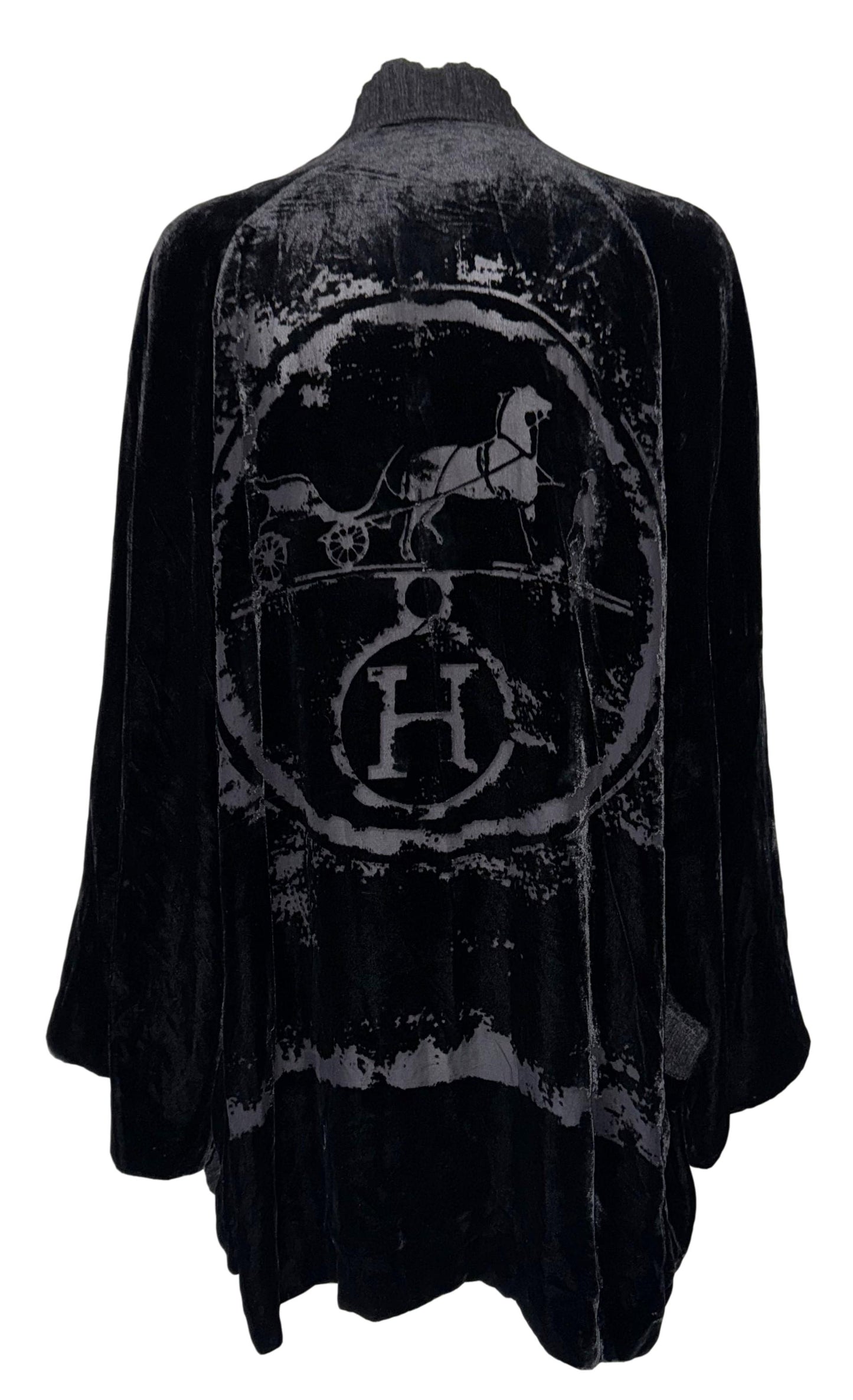 F/W 2004 Hermes by Jean Paul Gaultier Runway Sheer Black Logo Velvet Kimono Jacket & Cut-Out Mini & Long Skirt Set
