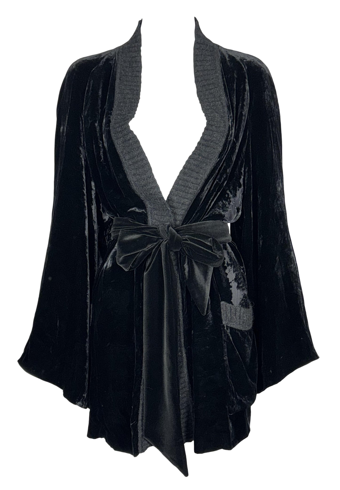 F/W 2004 Hermes by Jean Paul Gaultier Runway Sheer Black Logo Velvet Kimono Jacket & Cut-Out Mini & Long Skirt Set