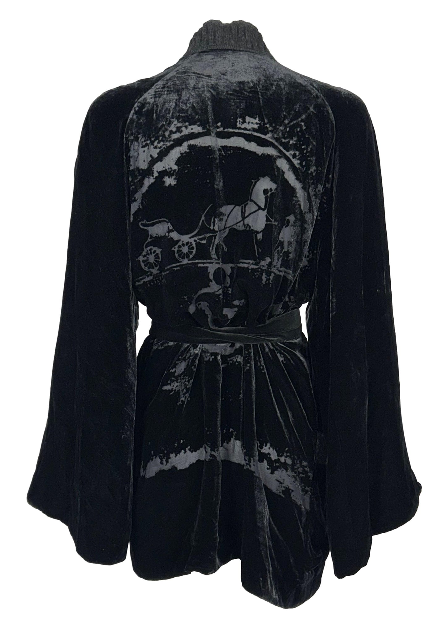 F/W 2004 Hermes by Jean Paul Gaultier Runway Sheer Black Logo Velvet Kimono Jacket & Cut-Out Mini & Long Skirt Set