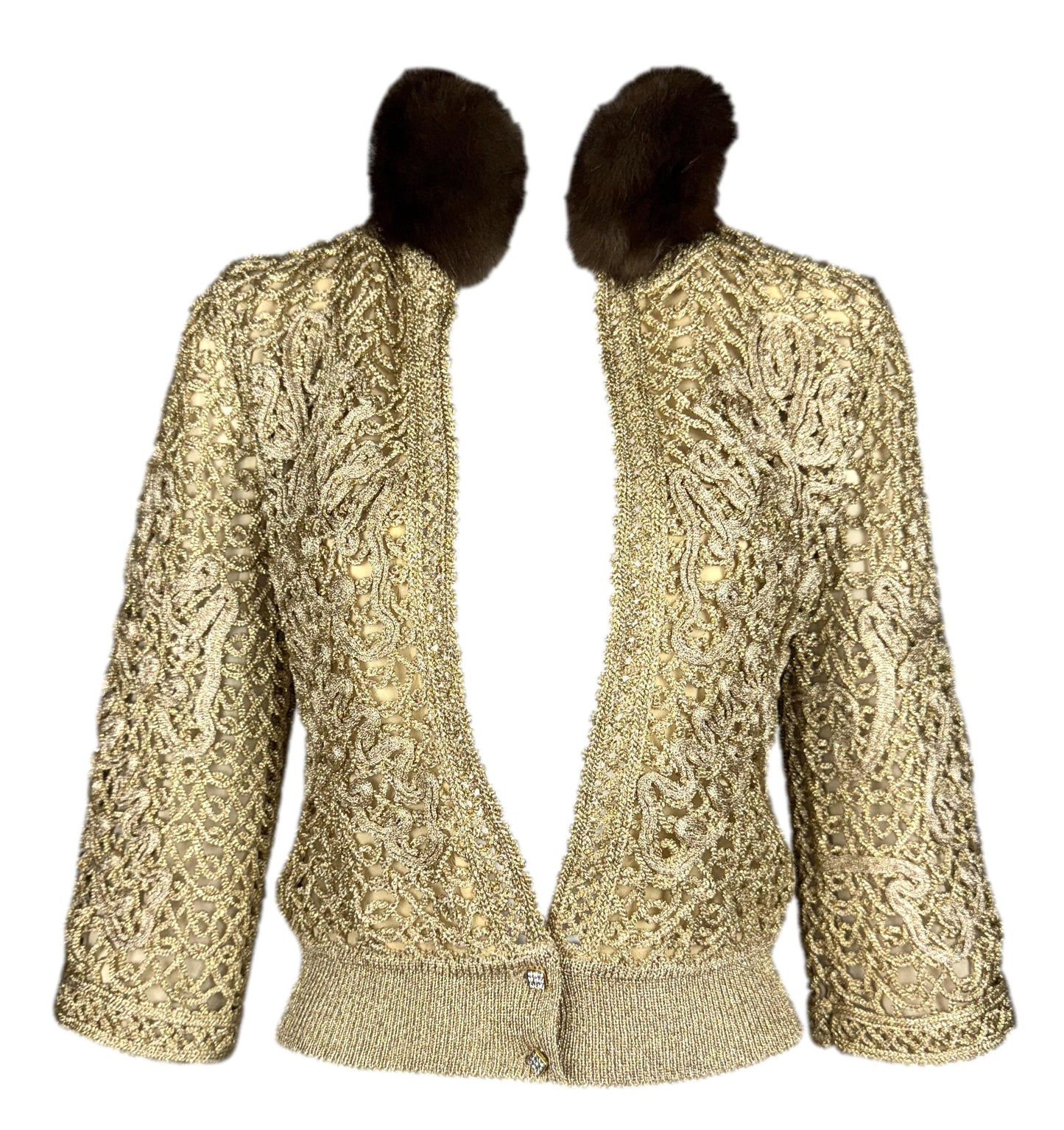 F/W 2004 Valentino Runway Plunging Gold Knit Top w Sable Fur