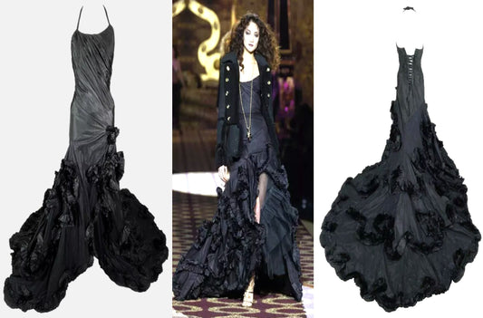 F/W 2004 Roberto Cavalli Runway Black Flamenco Corset Ball Gown Dress w Long Train
