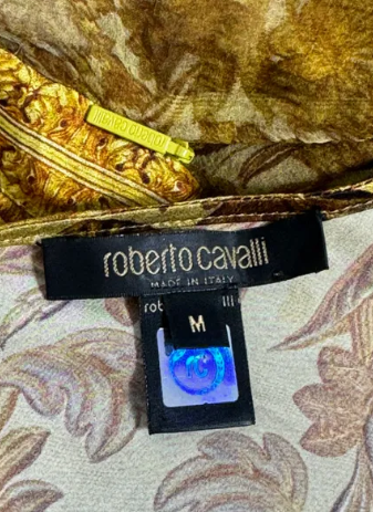 F/W 2004 Roberto Cavalli Runway Sheer Gold Baroque Silk Halter Gown Dress w Train