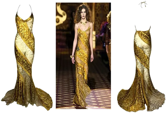 F/W 2004 Roberto Cavalli Runway Sheer Gold Baroque Silk Halter Gown Dress w Train