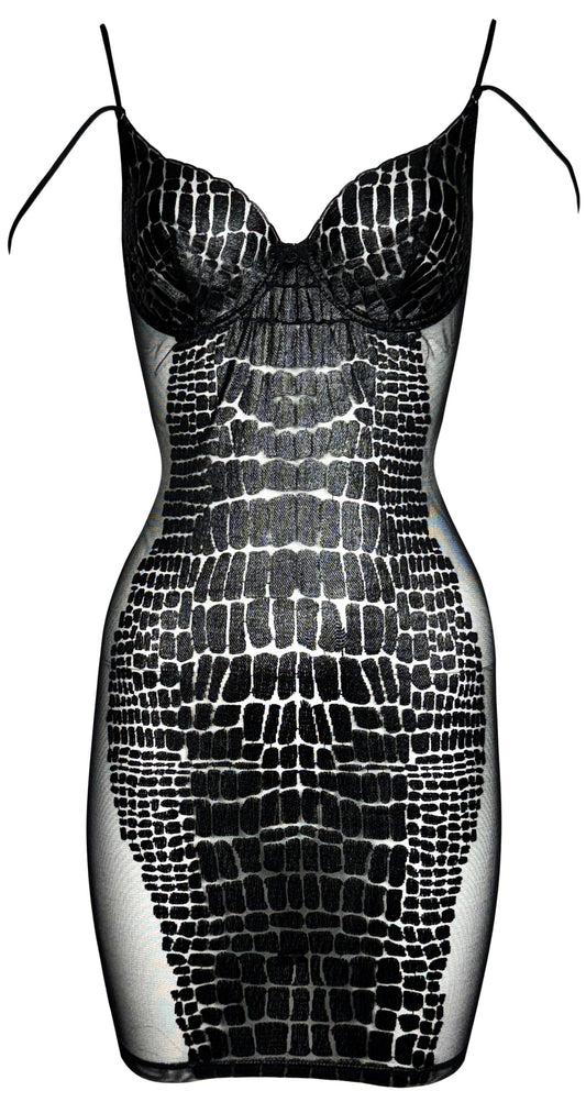 2000's Gianfranco Ferre Sheer Black Nylon Mesh & Faux Crocodile Embellished Bodycon Mini Dress
