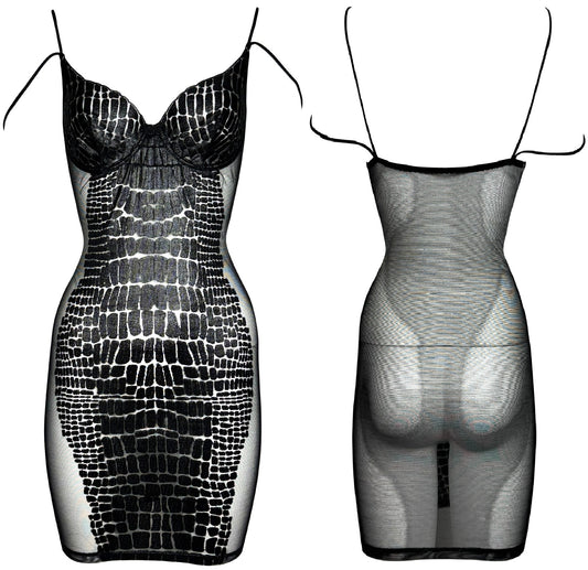 2000's Gianfranco Ferre Sheer Black Nylon Mesh & Faux Crocodile Embellished Bodycon Mini Dress