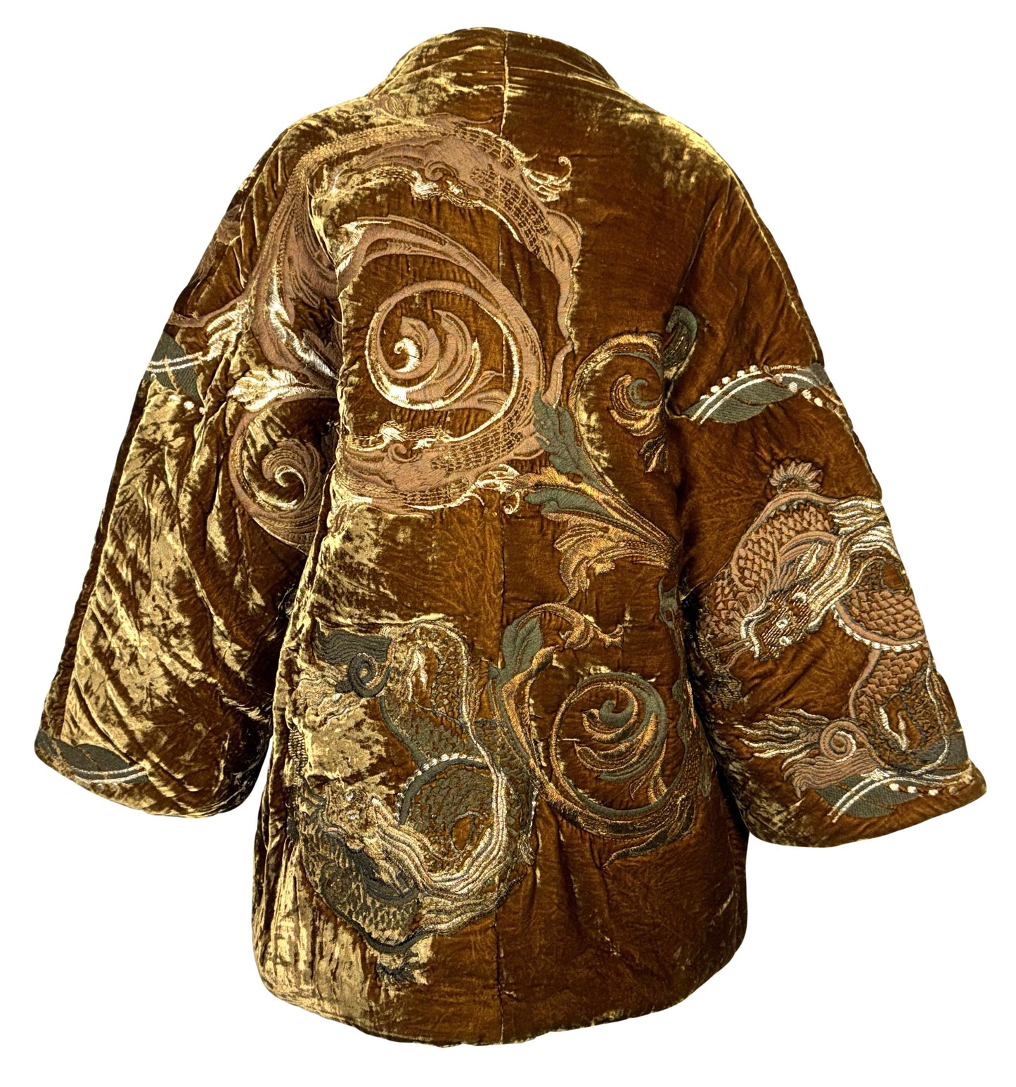 NWT 2004 Gianfranco Ferre Gold Velvet Dragon Chinoiserie Puffer Coat Jacket