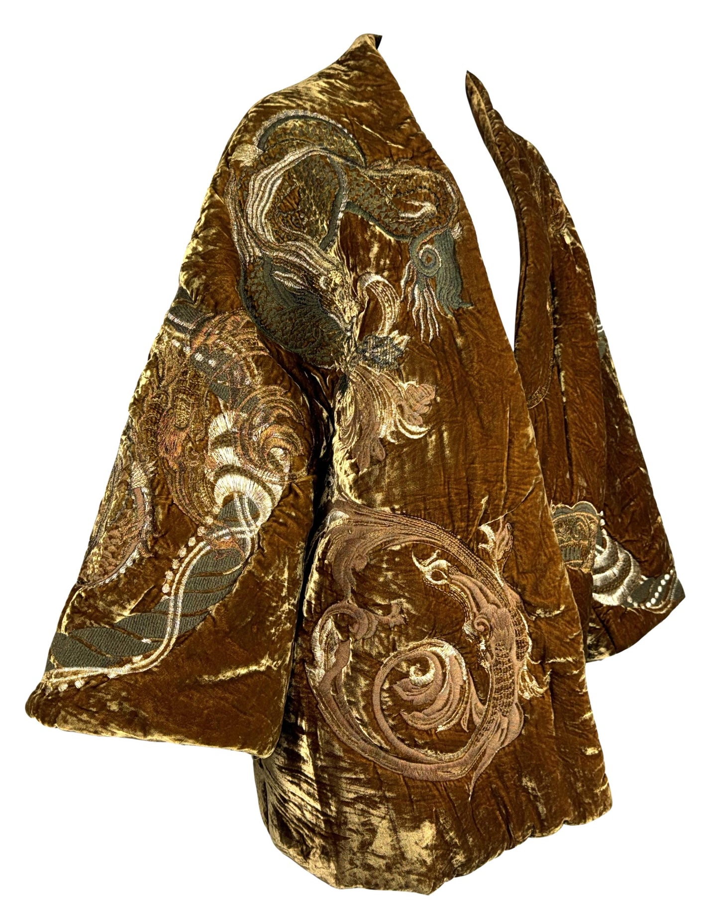 NWT 2004 Gianfranco Ferre Gold Velvet Dragon Chinoiserie Puffer Coat Jacket