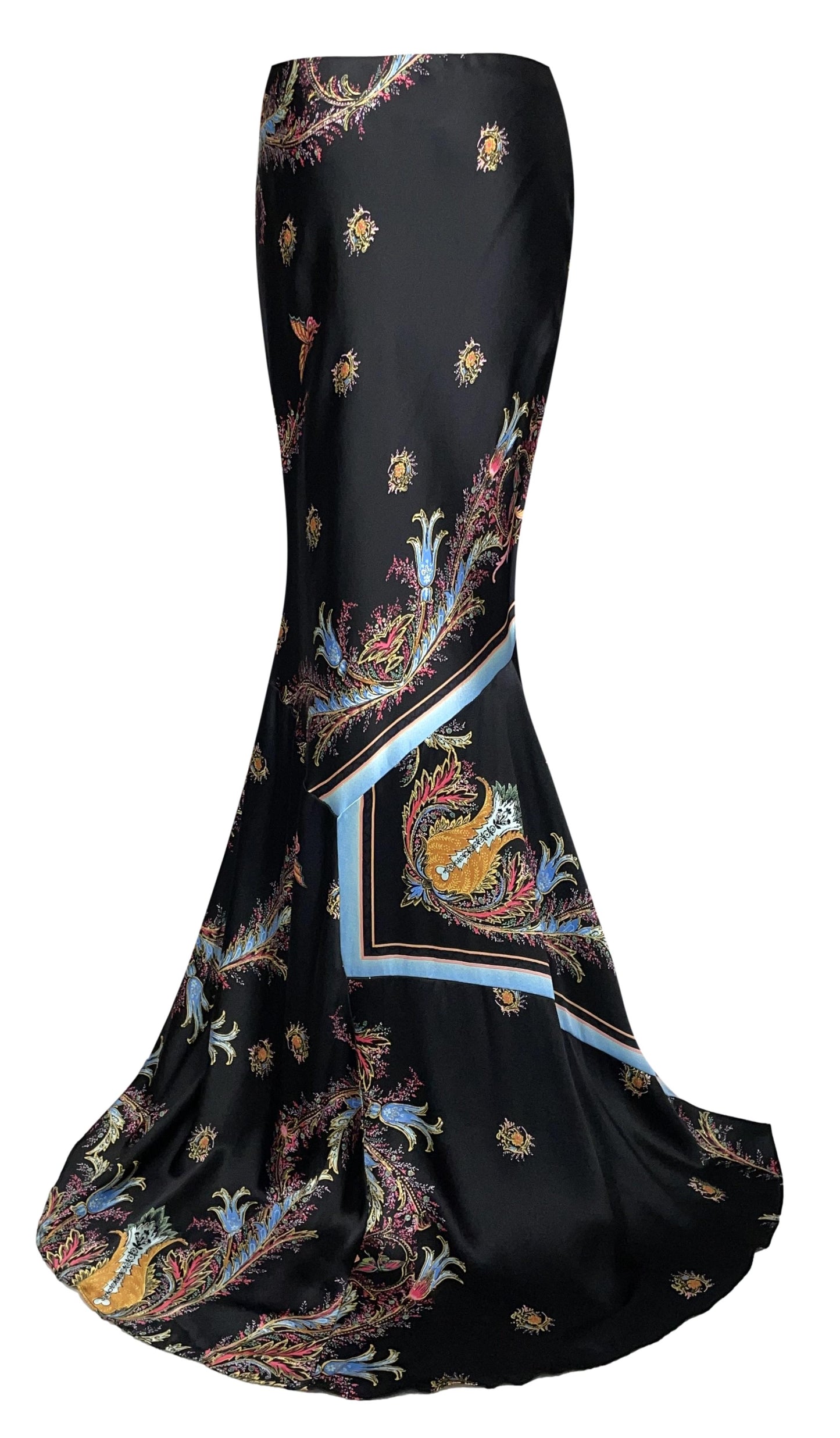 NWT 2004 Roberto Cavalli Black Silk Indian Raj Print Long Skirt w Train