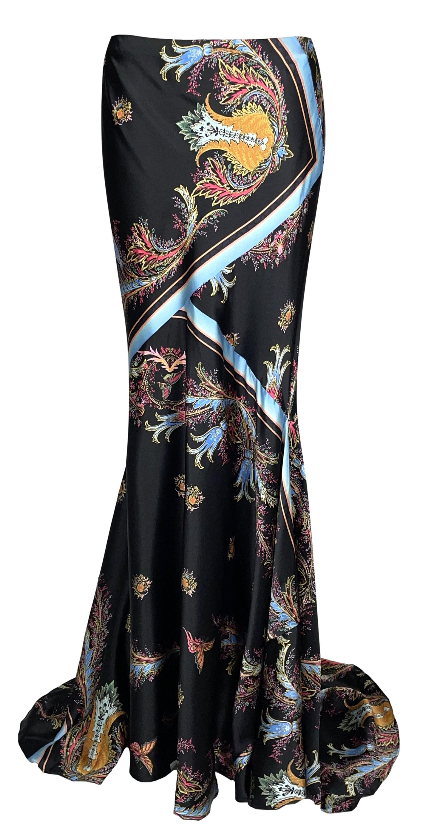 NWT 2004 Roberto Cavalli Black Silk Indian Raj Print Long Skirt w Train