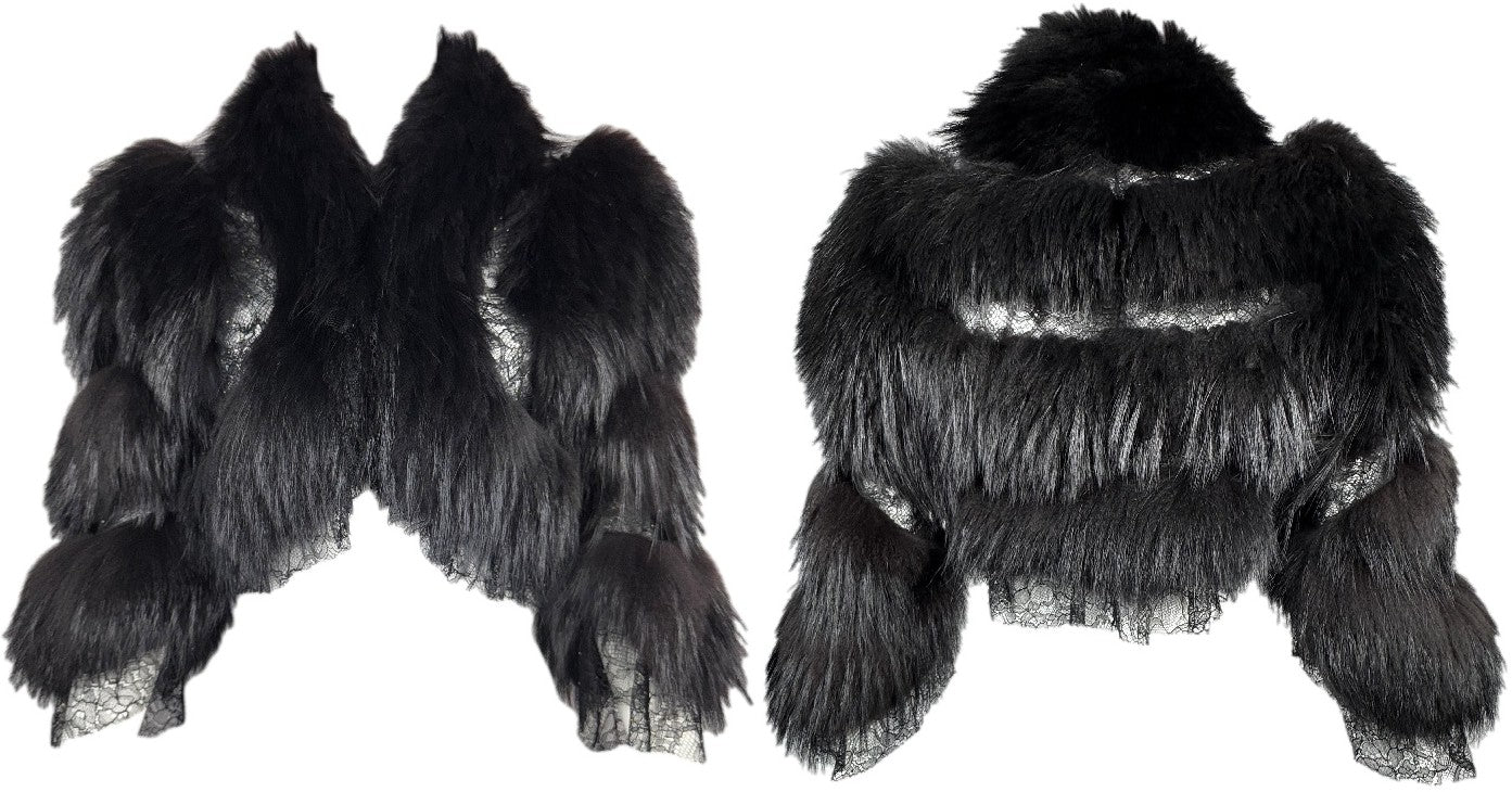 2004 Roberto Cavalli Sheer Black Lace & Fox Fur Cropped Fitted Sexy Chubby Jacket Coat