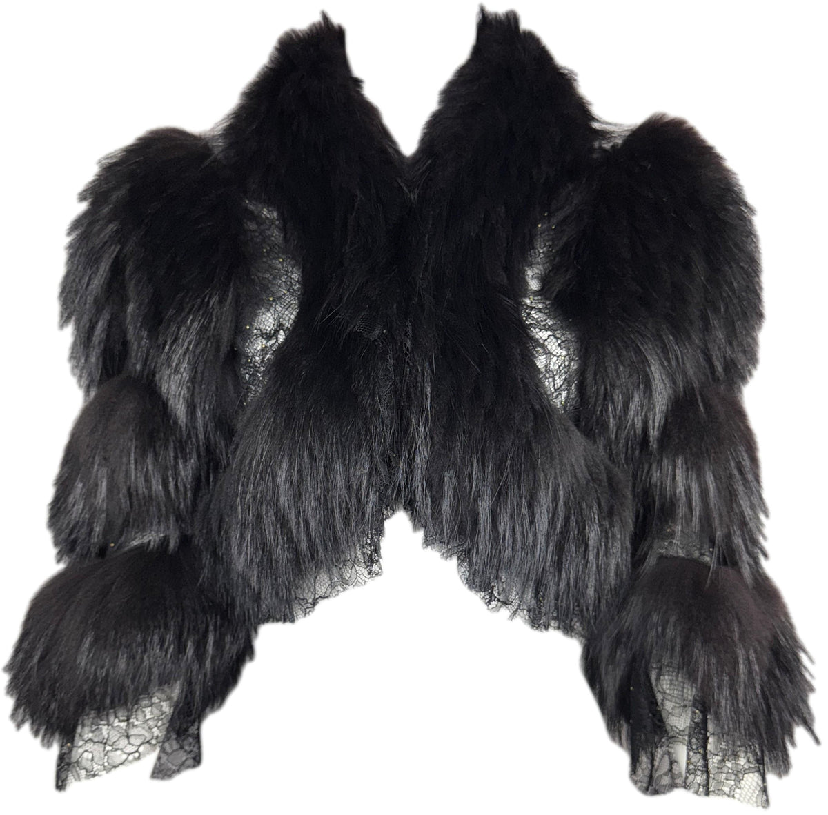 2004 Roberto Cavalli Sheer Black Lace & Fox Fur Cropped Fitted Sexy Chubby Jacket Coat