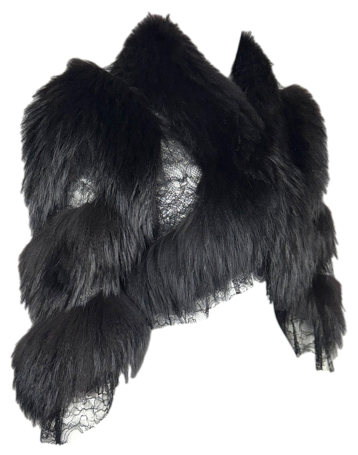 2004 Roberto Cavalli Sheer Black Lace & Fox Fur Cropped Fitted Sexy Chubby Jacket Coat