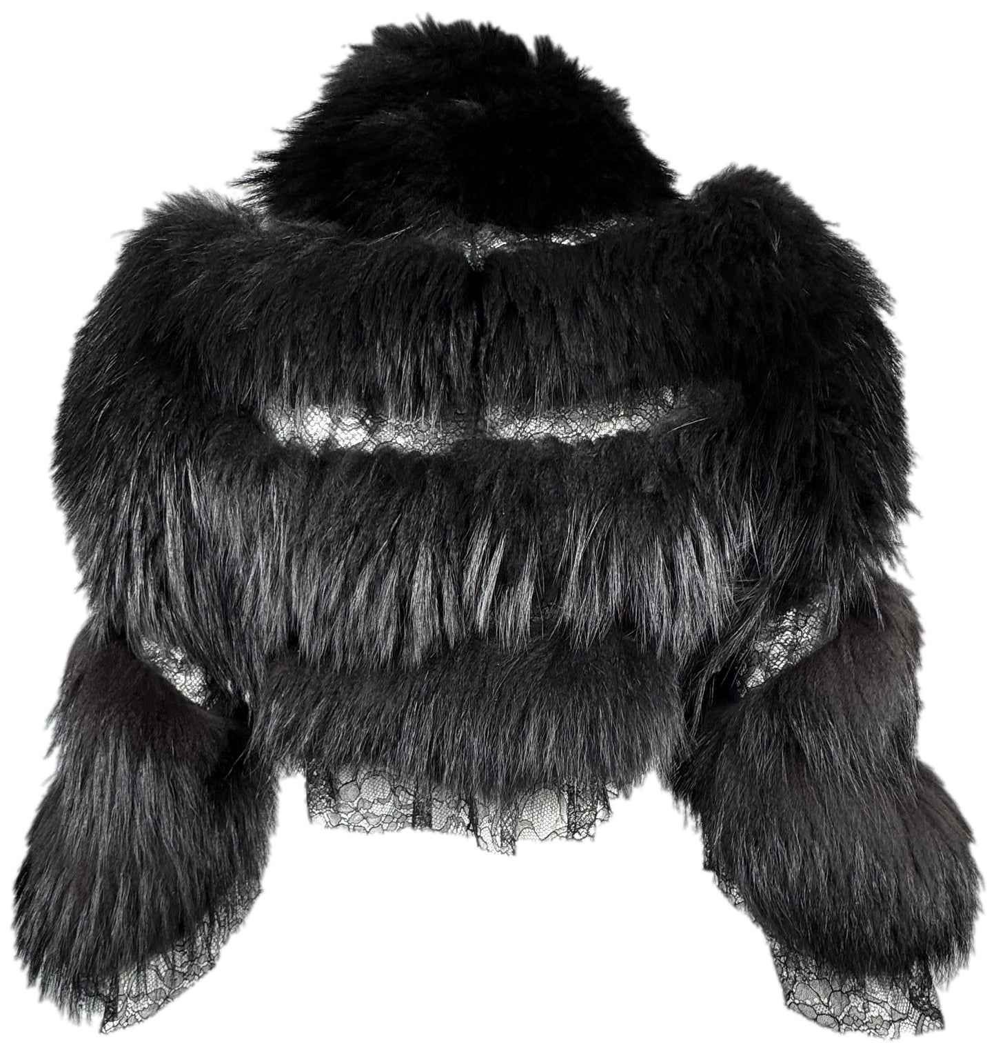2004 Roberto Cavalli Sheer Black Lace & Fox Fur Cropped Fitted Sexy Chubby Jacket Coat