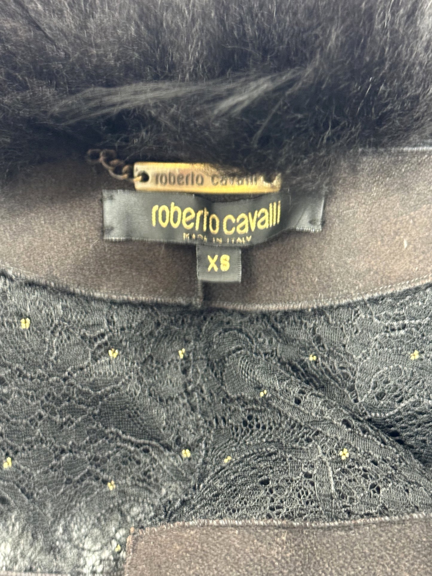 2004 Roberto Cavalli Sheer Black Lace & Fox Fur Cropped Fitted Sexy Chubby Jacket Coat