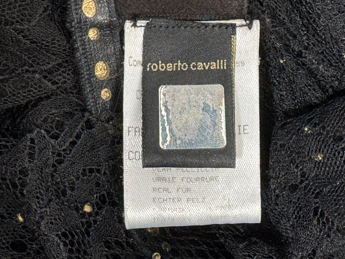 2004 Roberto Cavalli Sheer Black Lace & Fox Fur Cropped Fitted Sexy Chubby Jacket Coat