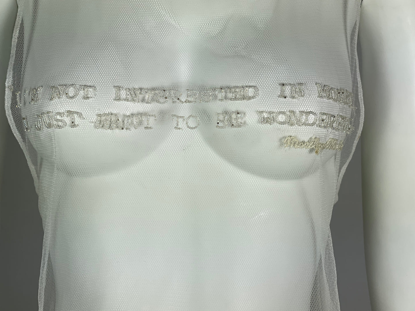 S/S 2004 Chloe Sheer Ivory Mesh Beaded Marilyn Monroe Quote Tunic Top Mini Dress