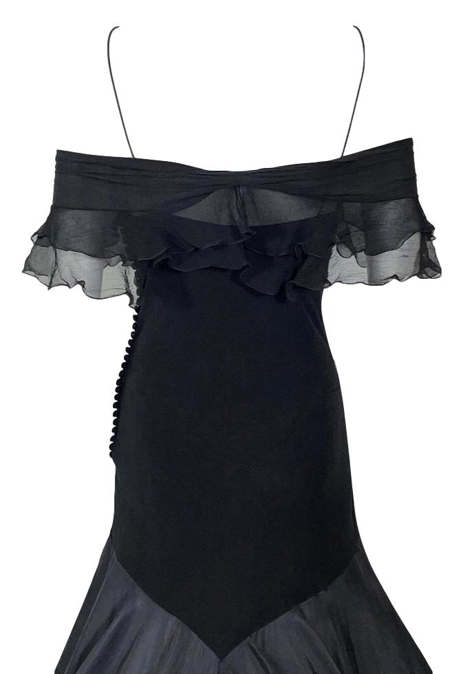 S/S 2004 Christian Dior by John Galliano Black Silk Off Shoulder Goth Princess Gown Dress w Train